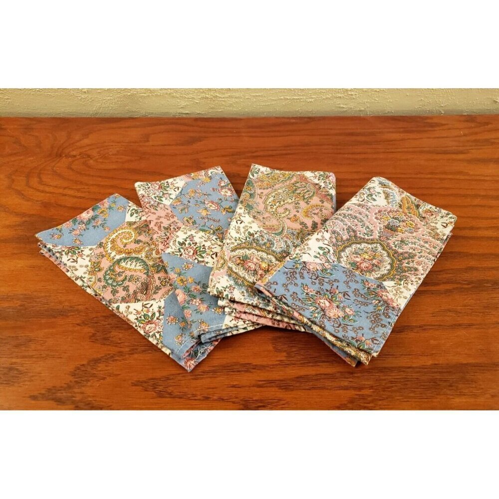 Four Paisley Dinner Napkins Vintage Pink Blue Cotton 1970s